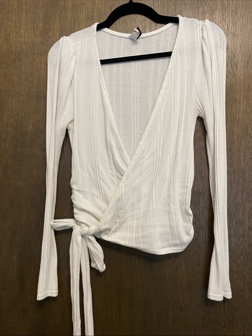 Windsor White Ribbed Wrap Tie Long-Sleeve Top